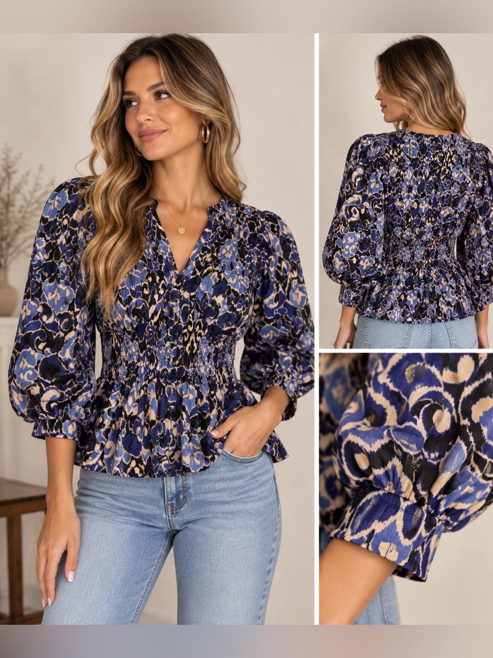 Olivaceous Womens Large Blue Black Peplum peasant Blouse Puff Sleeve 100% cotton